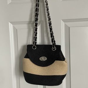 Black/beige straw spring-summer crossbody bag
